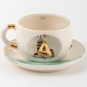 Taza de café y té de cerámica personalizada hecha a mano con temática de Estambul con letra, taza de espresso personalizada con inicial