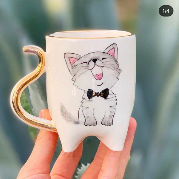 Kitty Mug | Handmade Ceramic Coffee or Tea Cup | Personalized Cat Mug with 24k Real Gold