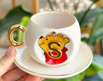 Personalized Handmade Ceramic Winnie The Pooh Coffee Cup, Funny Cartoon Character Coffee Cup With Letter, Coffee Cup Gift For Cartoon Lover