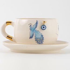 Handmade Ceramic Tea Mug: 24K Gold Phoenix, Blue Nazar Evil Eye