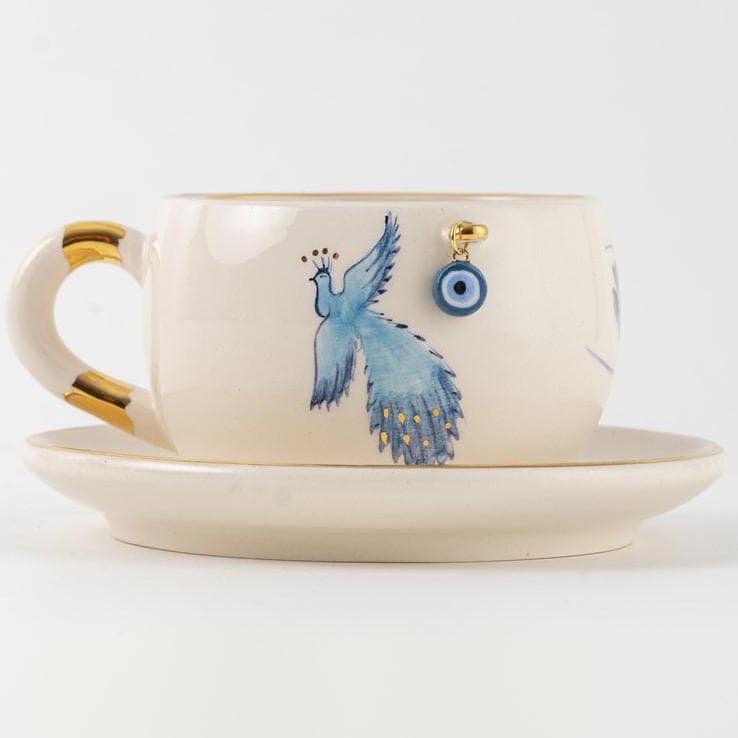 Handgemachte Keramik Teetasse: 24K Gold Phoenix, Blue Nazar Evil Eye