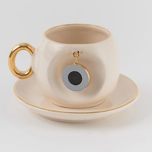 Handmade Ceramic Coffee Cup: 24k Gold Evil Eye Nazar Design