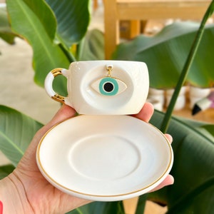 Nazar Eye Mug Blue/Green with Swinging Evil Eye Handmade Ceramic Gift with 24k Real Gold Personalized image 4