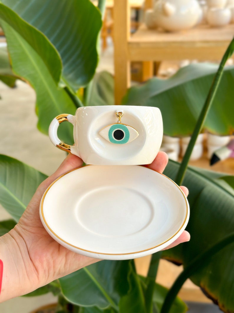 Nazar Eye Mug Blue/Green with Swinging Evil Eye Handmade Ceramic Gift with 24k Real Gold Personalized image 4