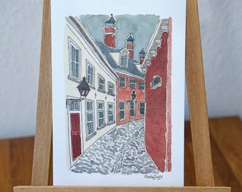 A5 Art Print Straat Leiden Centrum - Waterverf/aquarel en Inkt Illustratie