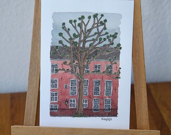 A5 Art Print Leiden Centrum - Waterverf/aquarel en Inkt Illustratie