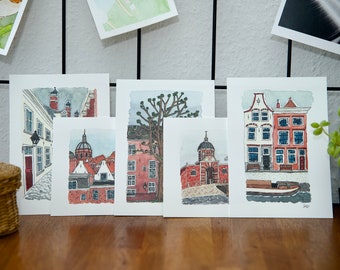 Kaarten Set Leiden - Aquarel/waterverf en Inkt Illustratie