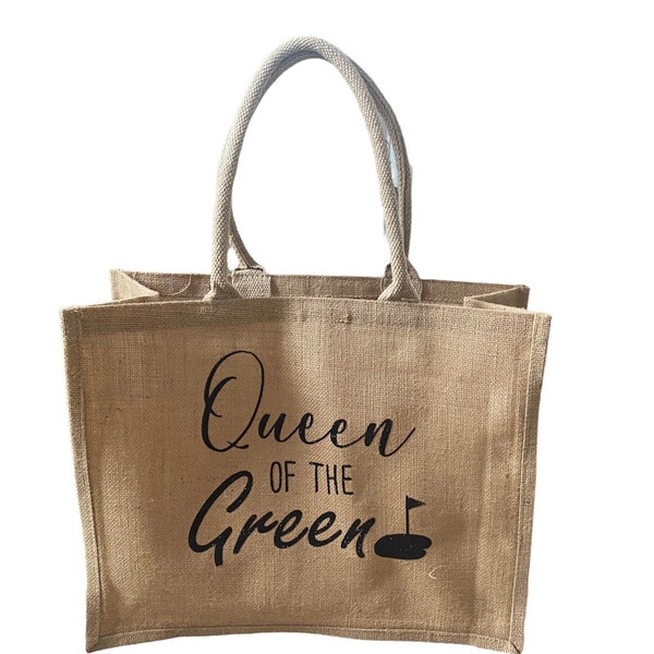 Jute Tasche mit Glitzeraufdruck „Queen of the Green“ - Golftasche