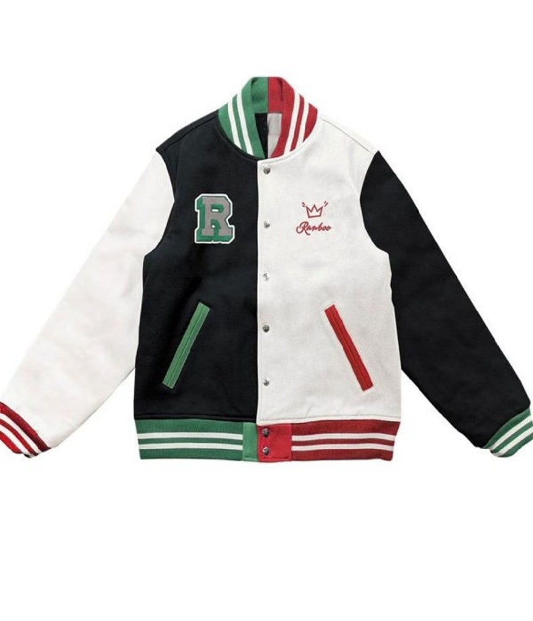 Men's Snap Tab Closure Green and White Varsity Jacket - Jackets Creator