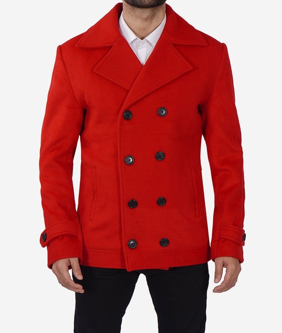 men's premium wool blend double breasted long pea coat