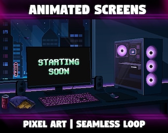 Cyberpunk Overlay Backgrounds for Twitch Stream | 4x Animated Pixel Art Screens (Start/BRB/End/Offline) | Futuristic Night City [PURPLE]