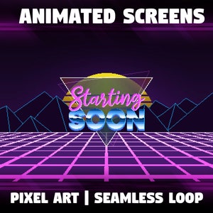 Synthwave Overlay Backgrounds for Twitch Stream | 4x Animated Pixel Art Screens (Start/BRB/End/Offline) | Synthwave Retrowave Synthpop Neon