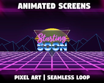May include: A pixel art animation of a retro-style sunset over a gridded landscape with the text "Starting Soon" in a colorful, 3D font. The animation is seamless and loops continuously.