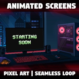 Cyberpunk Overlay Backgrounds for Twitch Stream | 4x Animated Pixel Art Screens (Start/BRB/End/Offline) | Futuristic Night City [RED]