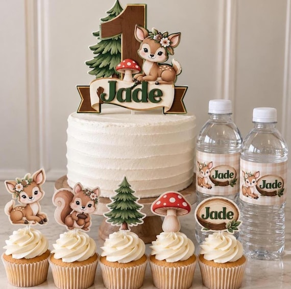Woodland First Birthday Party Set, Personalized Cake Topper, Cupcake Toppers & Waterproof Water Bottle Labels