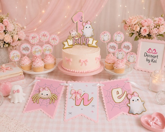 Spooky Girl First Birthday Decorations, High Chair Banner, Cake Topper, Cupcake Toppers, Pink Ghost Birthday Party Decor, Personalized One