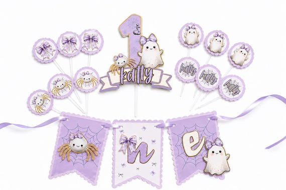 Spooky Girl First Birthday Decorations | Lavender Ghost Birthday Party Decor | Personalized Cake Topper, Cupcake Toppers & High Chair Banner