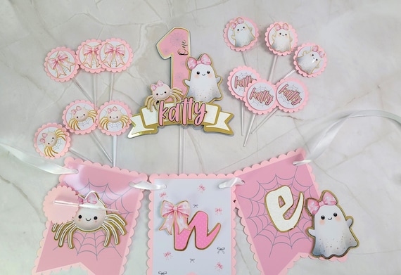 Spooky One First Birthday Decorations Girl, Pink Ghost Birthday Party, Personalized Cake Topper, High Chair Banner, Cupcake Toppers