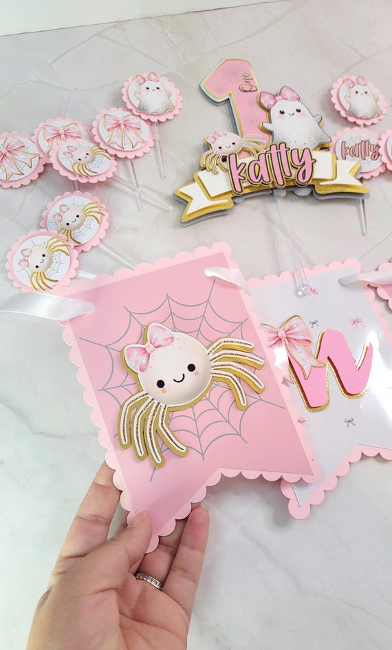 Spooky Girl First Birthday Decorations, Halloween party decoration, Boo High Chair Banner, Cupcake Toppers, Pink Ghost Birthday Party Decor