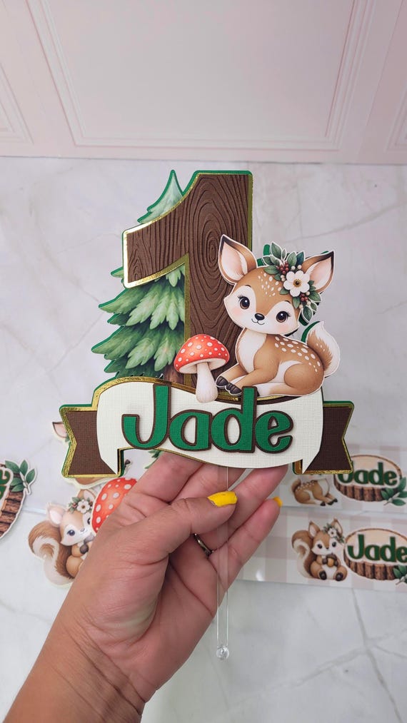 Woodland First Birthday Party Set, Personalized Cake Topper, Cupcake Toppers & Waterproof Water Bottle Labels