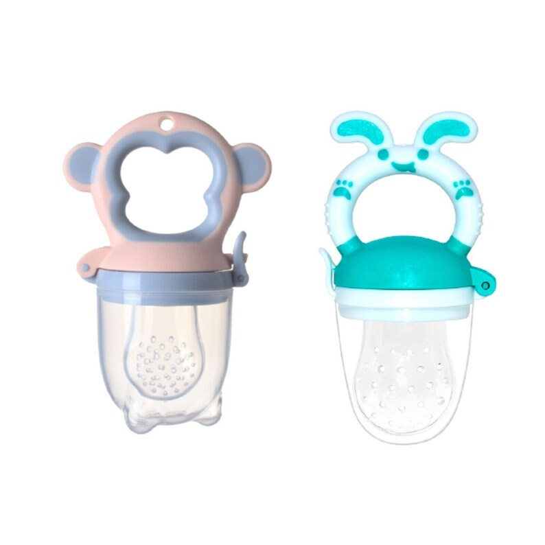 May include: Two silicone baby food feeders with different animal designs. One is a pink monkey with a gray handle and the other is a blue and white bunny with a white handle. Both have a clear mesh section for holding food.