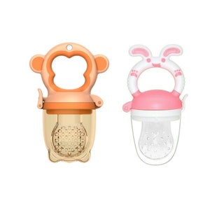 May include: Two silicone baby food feeders, one shaped like a monkey and the other shaped like a bunny. Both feeders have a clear plastic mesh section for holding food.