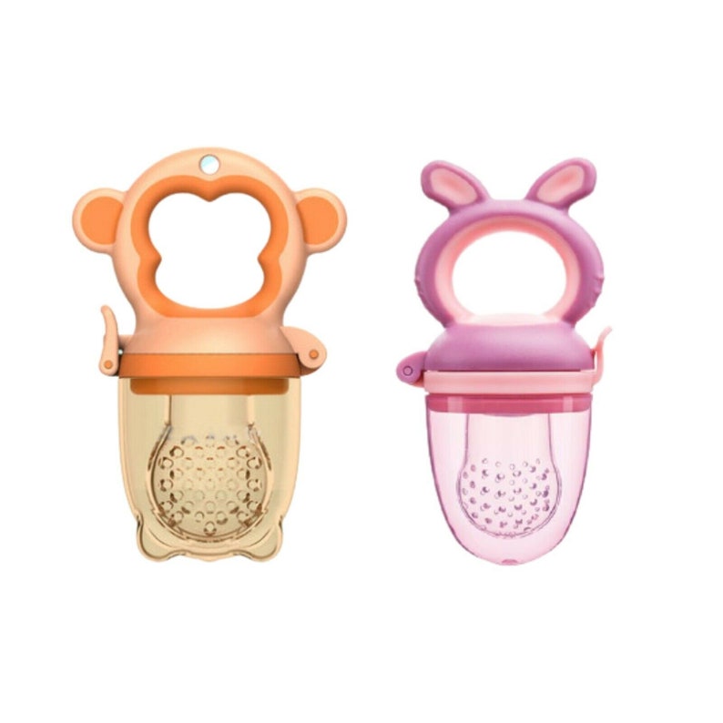 May include: Two silicone baby food feeders, one shaped like a monkey and one shaped like a bunny. Both feeders are clear with a mesh insert and have a handle for the baby to hold.