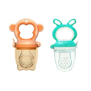 May include: Two baby food feeders, one shaped like a monkey and the other shaped like a bunny. Both are made of clear plastic with a mesh insert and have a handle for easy gripping.