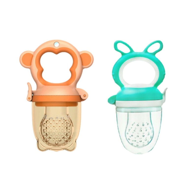 May include: Two baby food feeders, one shaped like a monkey and the other shaped like a bunny. Both are made of clear plastic with a mesh insert and have a handle for easy gripping.