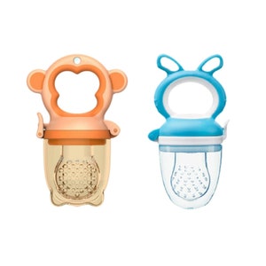 May include: Two baby food feeders, one shaped like a monkey with orange and brown details, the other shaped like a bunny with blue and white details.