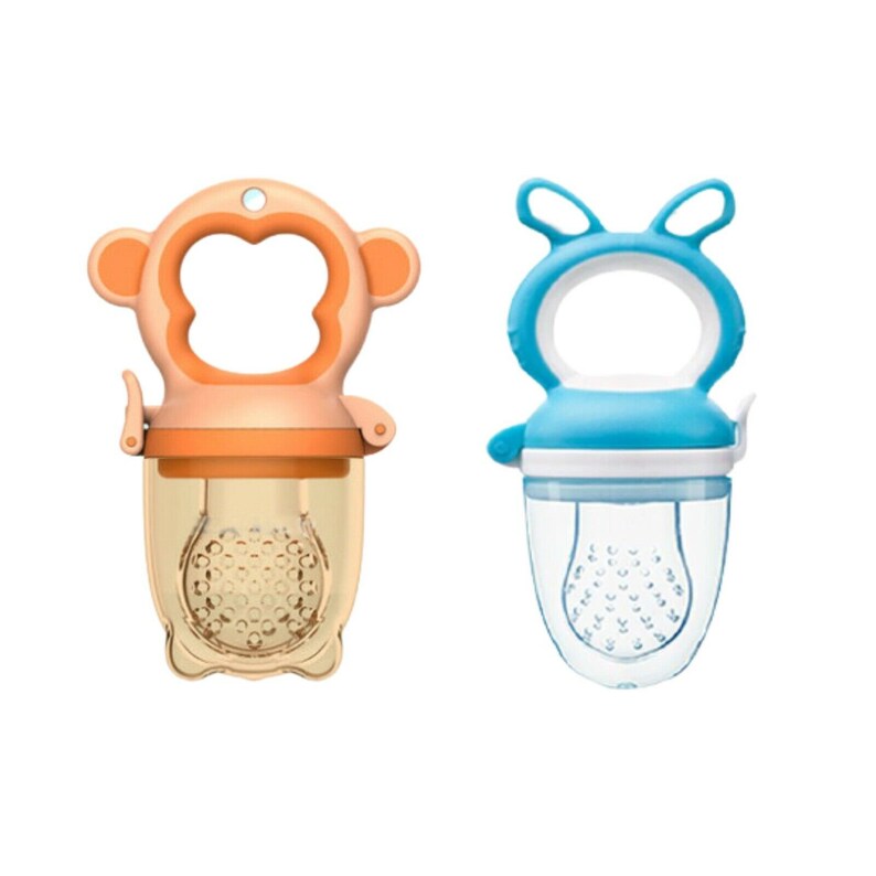 May include: Two baby food feeders, one shaped like a monkey with orange and brown details, the other shaped like a bunny with blue and white details.
