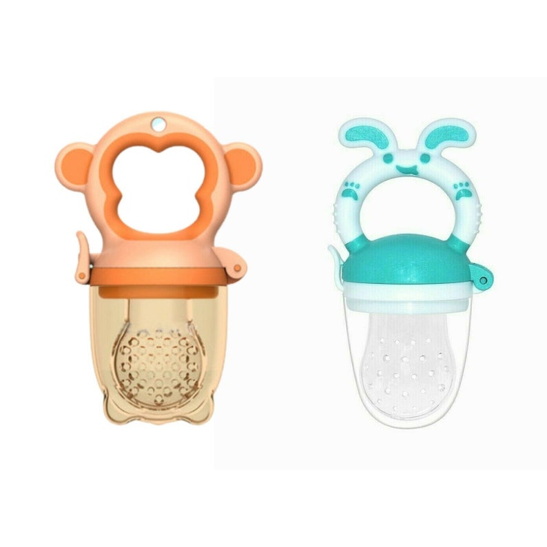 May include: Two baby food feeders, one shaped like a monkey with an orange handle and the other shaped like a bunny with a blue handle. Both feeders have a clear mesh insert for holding food.