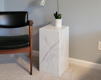 24" Tall Carrara Polished Porcelain Faux Marble Pedestal Plinth End Table