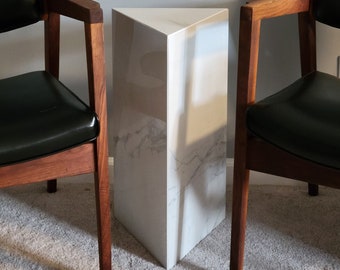 24" Tall White Carrara Polished Porcelain Faux Marble Triangle Plinth End Table