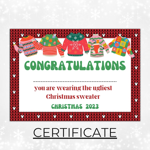 Ugly Christmas Sweater Certificate Printable, Ugly Christmas Sweater Contest, Ugly Christmas Sweater Prize, Ugly Christmas Sweater Award