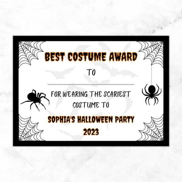 Editable Halloween Party Best Costume Certificate, Fancy Dress Certificate Printable, Halloween Costume Party, Kids Halloween Party