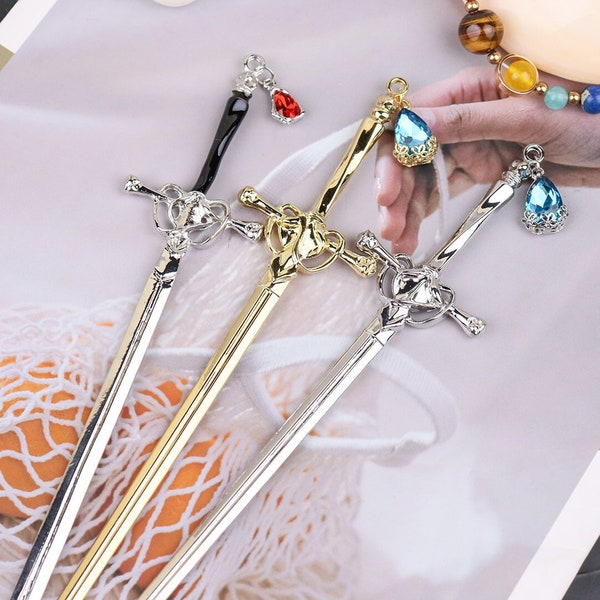 Sword Hairpin, Anime Sword Hairpin, Ruby Pendant Sword Hairpin, Sword Bun Holder, Goth Sword Hair Stick, Elven Sword Hairpin, Hairpin Stick