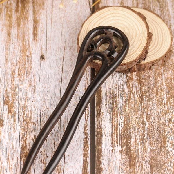 Handmade REVERSIBLE U shape hair fork fine carved sandalwood and Guaiac wood hair stick / Hair Fork/Black Sandalwood Hair Sticks