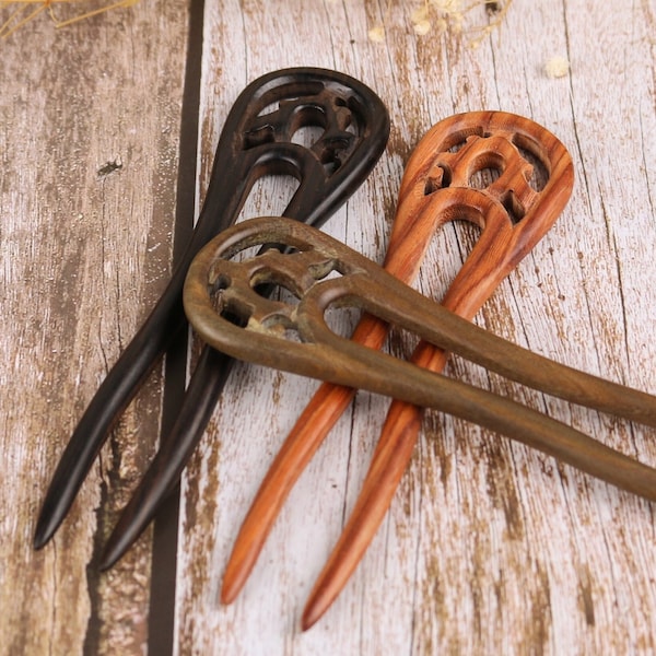 Fourchette à cheveux en forme de U REVERSIBLE faite à la main en bois de santal sculpté et bâton à cheveux en bois de gaïac / Fourche à cheveux / Bâtons à cheveux en bois de santal