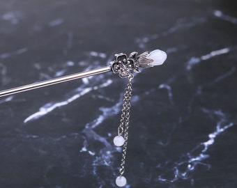 REVERSIBLE Fine tassel flower hairpin s925 sterling silver jade magnolia hair stick Handmade