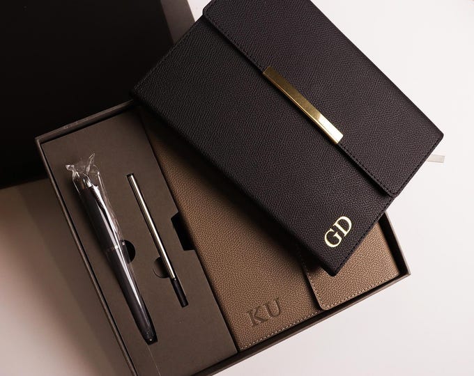 Custom Initials Lined Journal, Leather Notebook Set,End Of Year Thank You Gift, Matching Pen,Personalized Graduation Gifts, New Job Present.