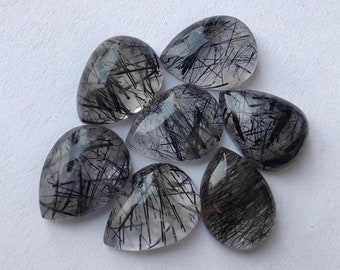 AAA+ Quality Natural Black Rutile Teardrop Shape Cabochon Flat Back Calibrated Pear Shape Wholesale Gemstones, All Sizes Available