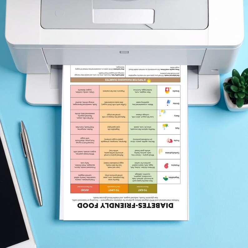 May include: A printed document titled "DIABETES-FRIENDLY FOOD" is emerging from a white printer. The document is a colorful chart with food categories and dietary guidelines. A pen and a tablet are on a blue surface.