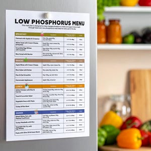 May include: A printed menu titled "LOW PHOSPHORUS MENU" is attached to a silver refrigerator door with a white magnet. The menu is divided into sections for breakfast, snacks, lunch, and dinner, listing various meal options and ingredients.