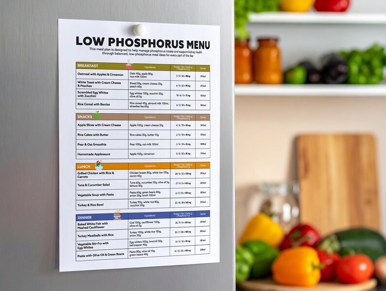 May include: A printed menu titled "LOW PHOSPHORUS MENU" is attached to a silver refrigerator door with a white magnet. The menu is divided into sections for breakfast, snacks, lunch, and dinner, listing various meal options and ingredients.