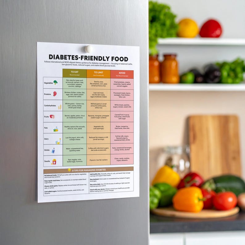 May include: A white printed guide titled "DIABETES-FRIENDLY FOOD" is attached to a refrigerator with a magnet. The guide lists food categories with recommendations to eat, limit, or avoid. The kitchen background includes fresh produce.