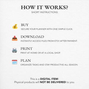 May include: A white graphic with the text "HOW IT WORKS?" and "SHORT INSTRUCTIONS". It details the steps: Buy, Download, Print, and Plan. The text "This is a DIGITAL ITEM! Physical products will NOT BE DELIVERED to you." is also included.