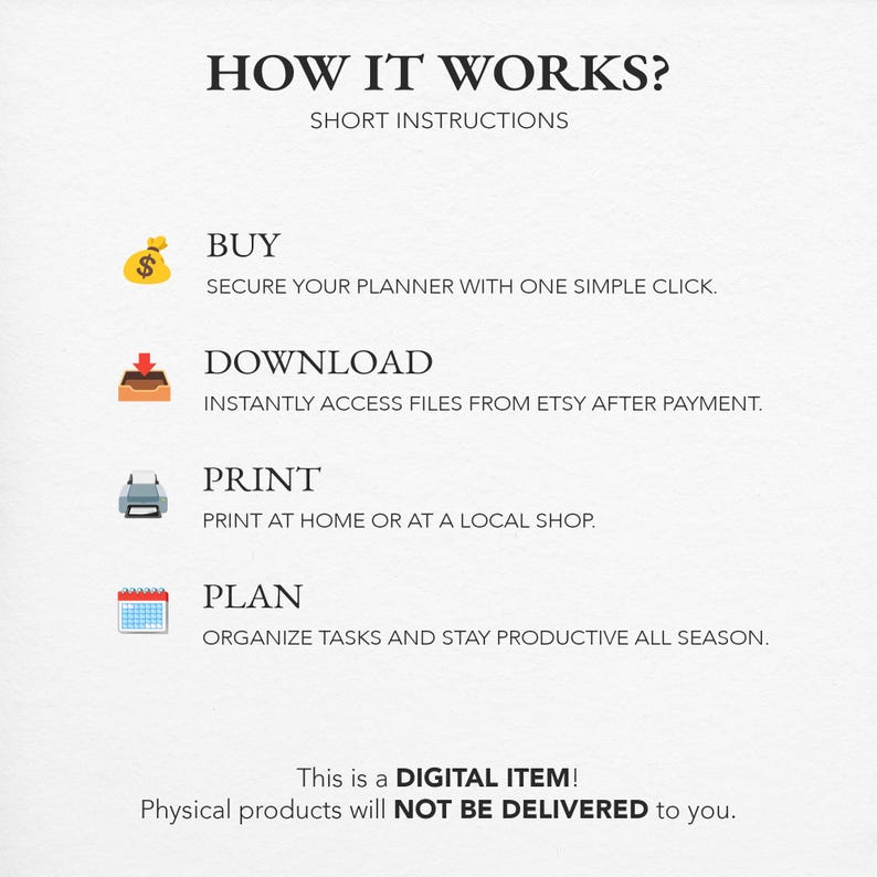 May include: A white graphic with the text "HOW IT WORKS?" and "SHORT INSTRUCTIONS". It details the steps: Buy, Download, Print, and Plan. The text "This is a DIGITAL ITEM! Physical products will NOT BE DELIVERED to you." is also included.