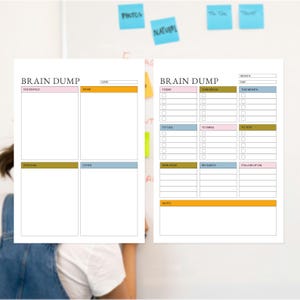 May include: Two white Brain Dump planning sheets with colorful sections for household, work, personal, and other tasks. One sheet includes sections for today, tomorrow, and this month, with checkboxes.