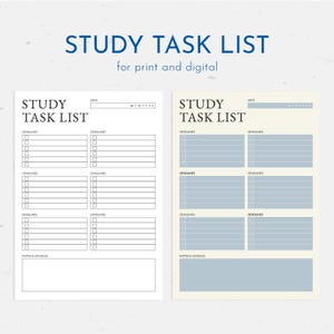 以下が含まれることがあります： 青いテキストとアクセントが付いた、白とベージュの2つの学習タスクリストテンプレート。各ページの上部には「STUDY TASK LIST」というテキストがあります。「for print and digital」というテキストも表示されます。各テンプレートには、締め切りとメモのセクションが含まれています。